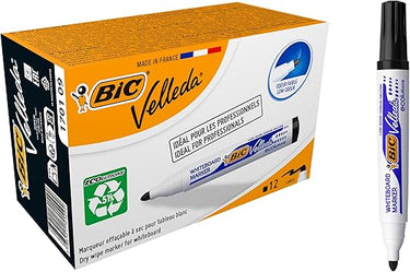 BIC Velleda Marking Rotuladores para pizarra blanca, Óptimo para material escolar y de oficina, 1701 ecolutions, 51% material reciclado, Negro, Punta Media, Caja de 12